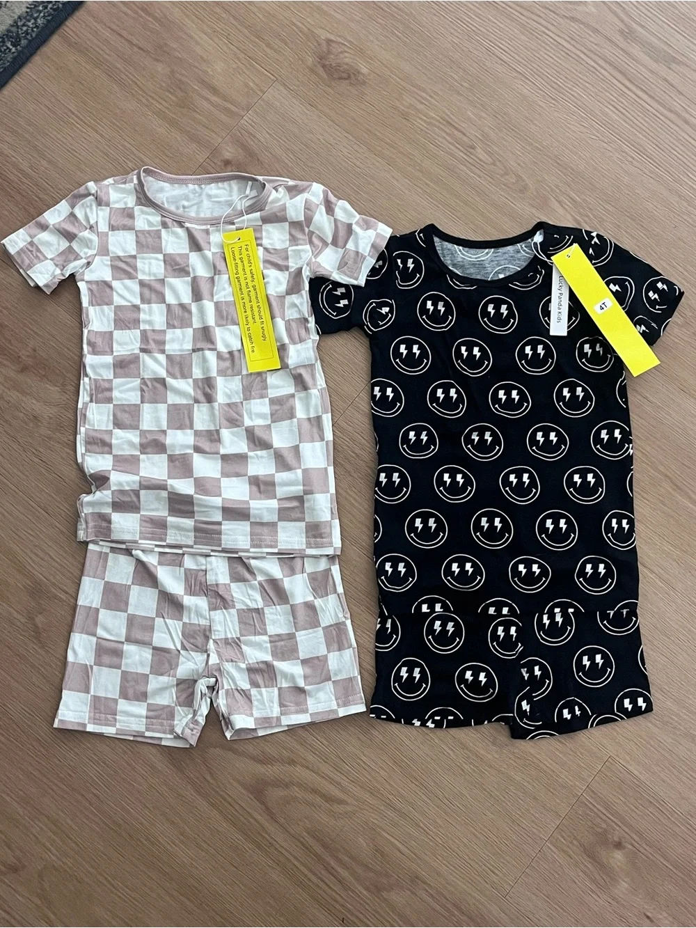Lot of 2 Kids Two-Pack Short Sleeve Pajama Set - Black Smiley & Cream Check